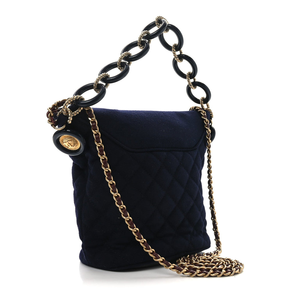 Wool Lambskin Quilted Paris Hamburg Charms Bucket Bag Dark Navy