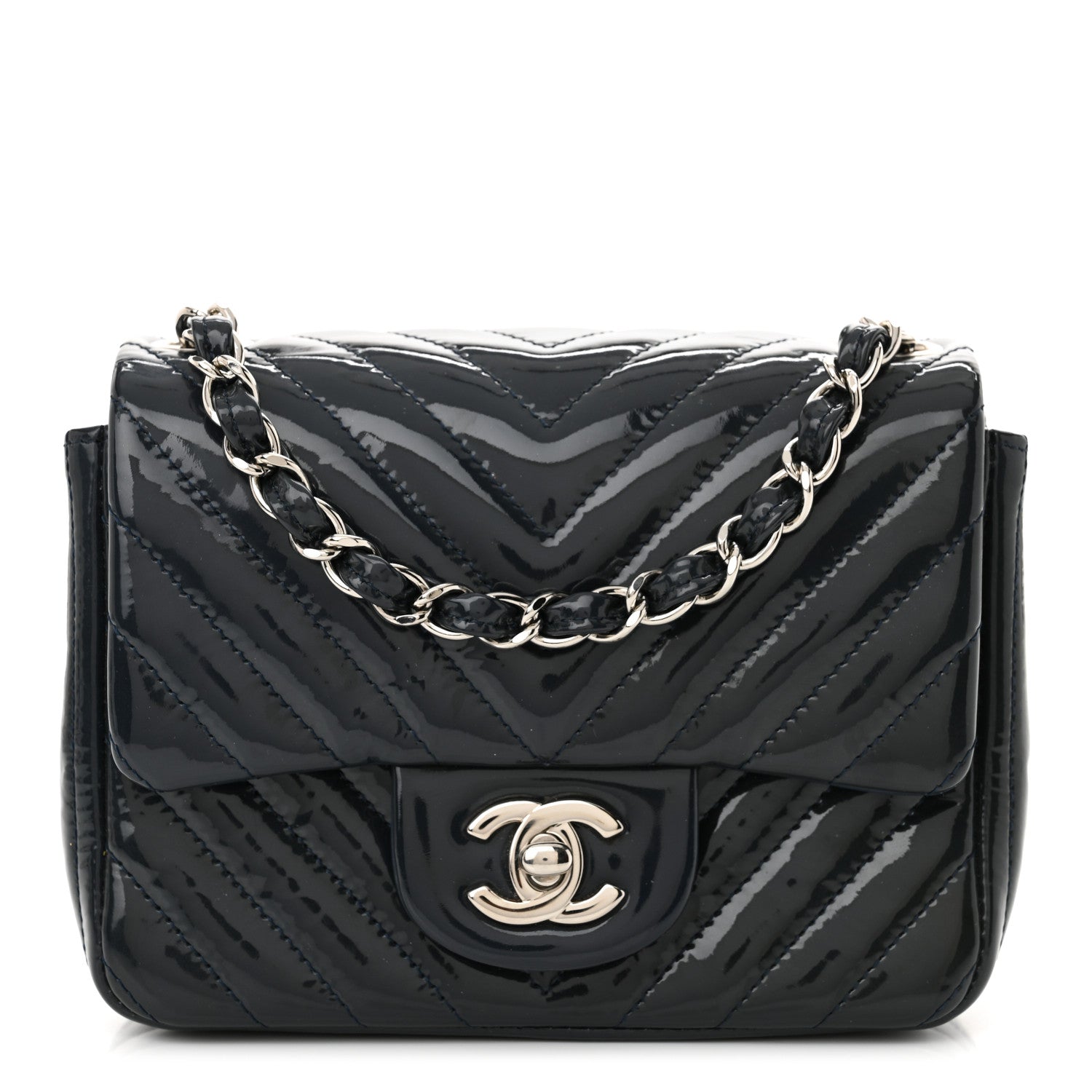 Patent Chevron Quilted Mini Square Flap Dark Blue