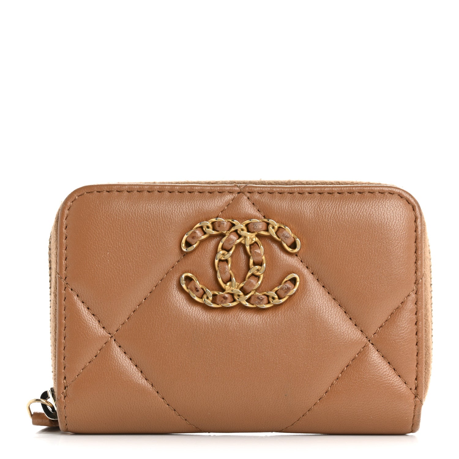 Lambskin Quilted Chanel 19 Zip Around Coin Purse Wallet Brown