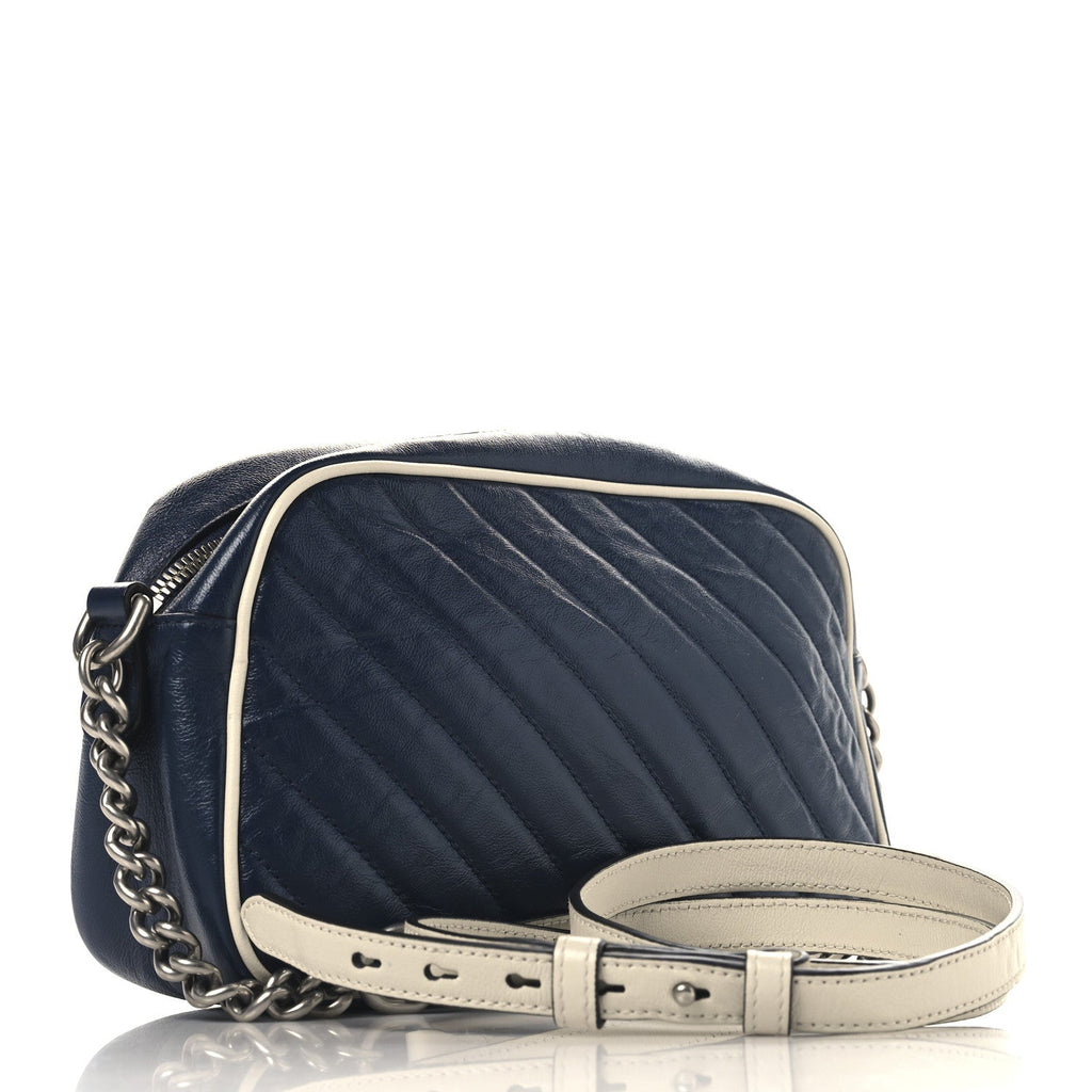 Vintage Effect Calfskin Matelasse Diagonal Small Torchon GG Marmont Chain Shoulder Bag Blue Agata Mystic White