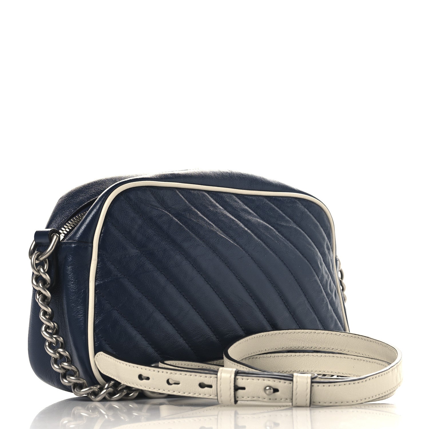 Vintage Effect Calfskin Matelasse Diagonal Small Torchon GG Marmont Chain Shoulder Bag Blue Agata Mystic White