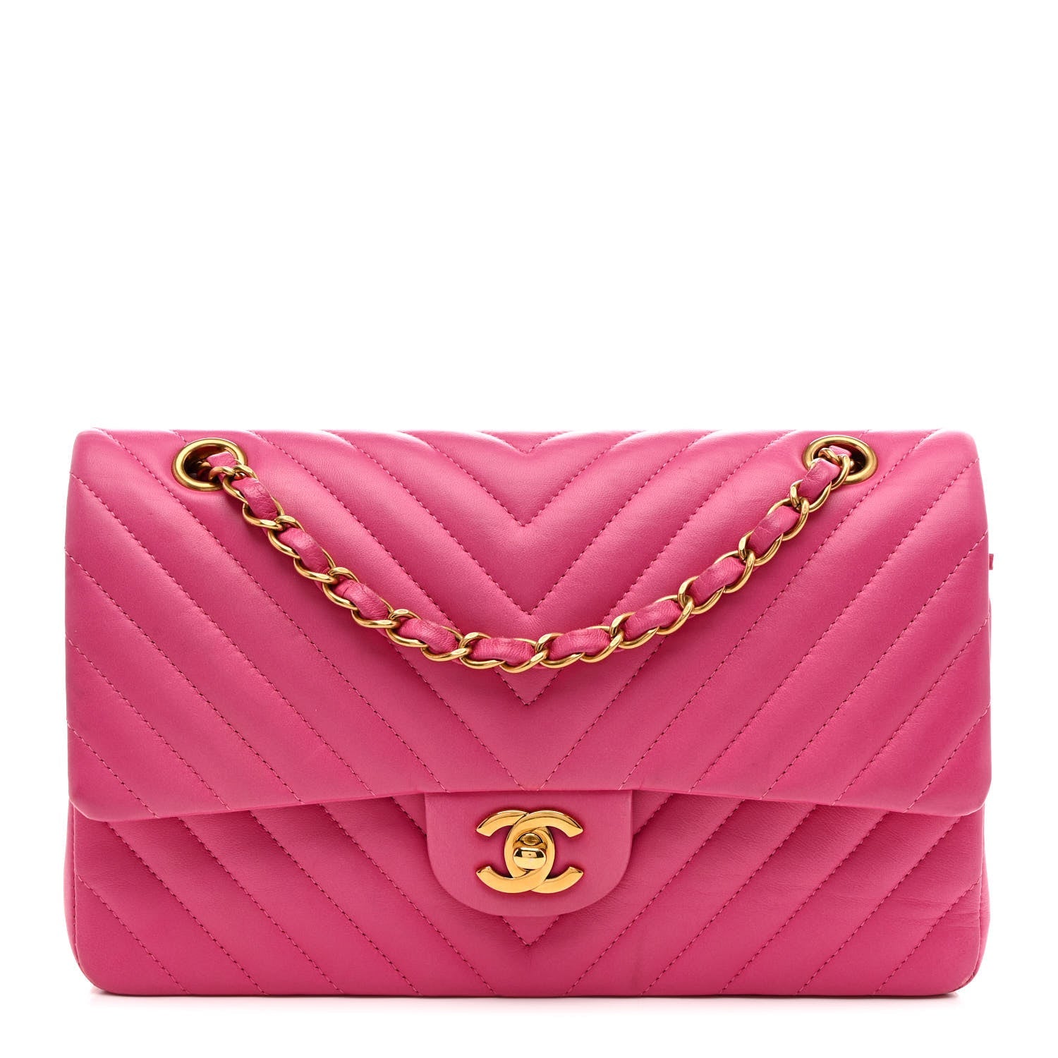 Lambskin Chevron Quilted Medium Double Flap Dark Pink