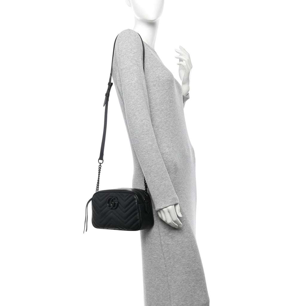 Calfskin Matelasse Monochrome Small GG Marmont Chain Shoulder Bag Black