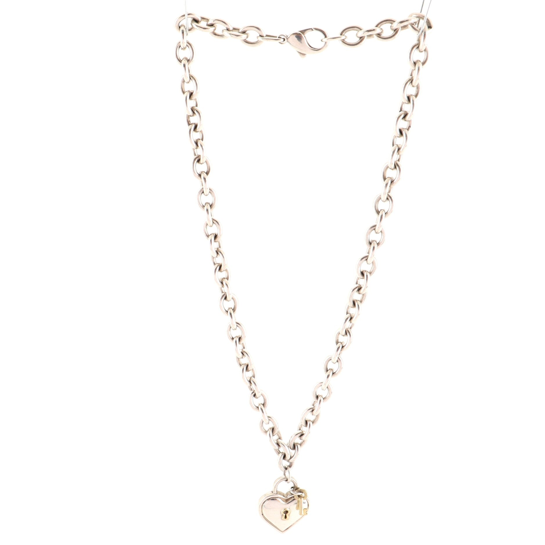 Vintage Heart Padlock Pendant Necklace Sterling Silver with 18K Yellow Gold