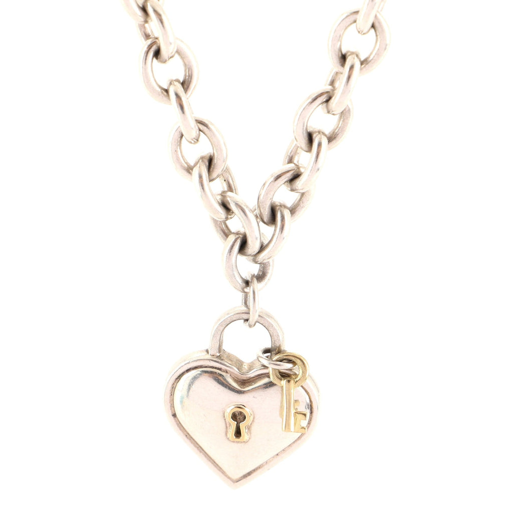 Vintage Heart Padlock Pendant Necklace Sterling Silver with 18K Yellow Gold