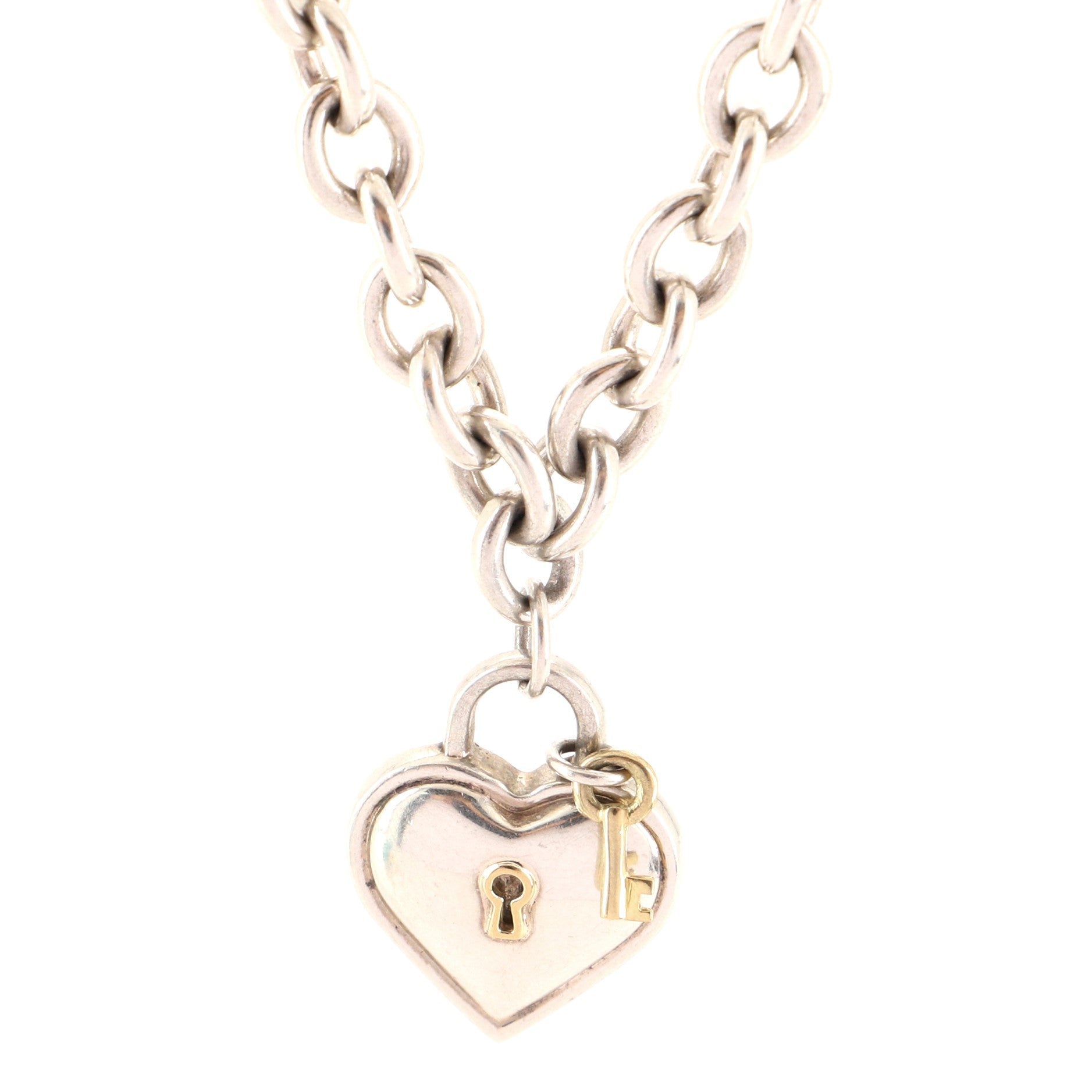 Vintage Heart Padlock Pendant Necklace Sterling Silver with 18K Yellow Gold