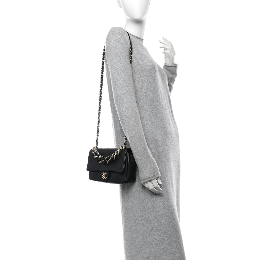 Lambskin Quilted Resin Bi-Color Chain Flap Bag Black