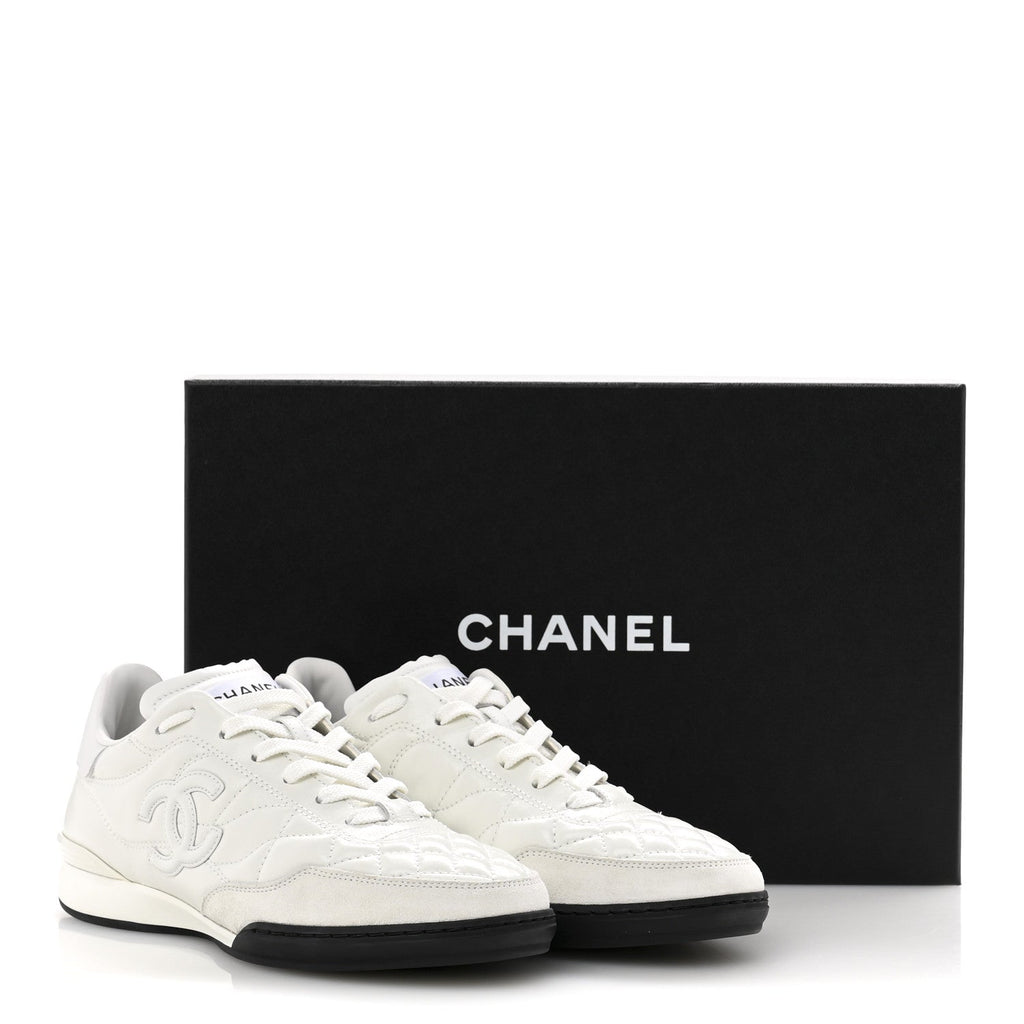Shiny Calfskin Suede Quilted CC Logo Sneakers 37 White