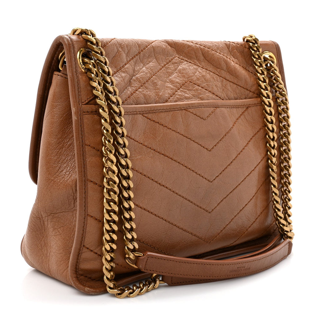 Crinkled Calfskin Matelasse Monogram Medium Niki Chain Satchel Caramel