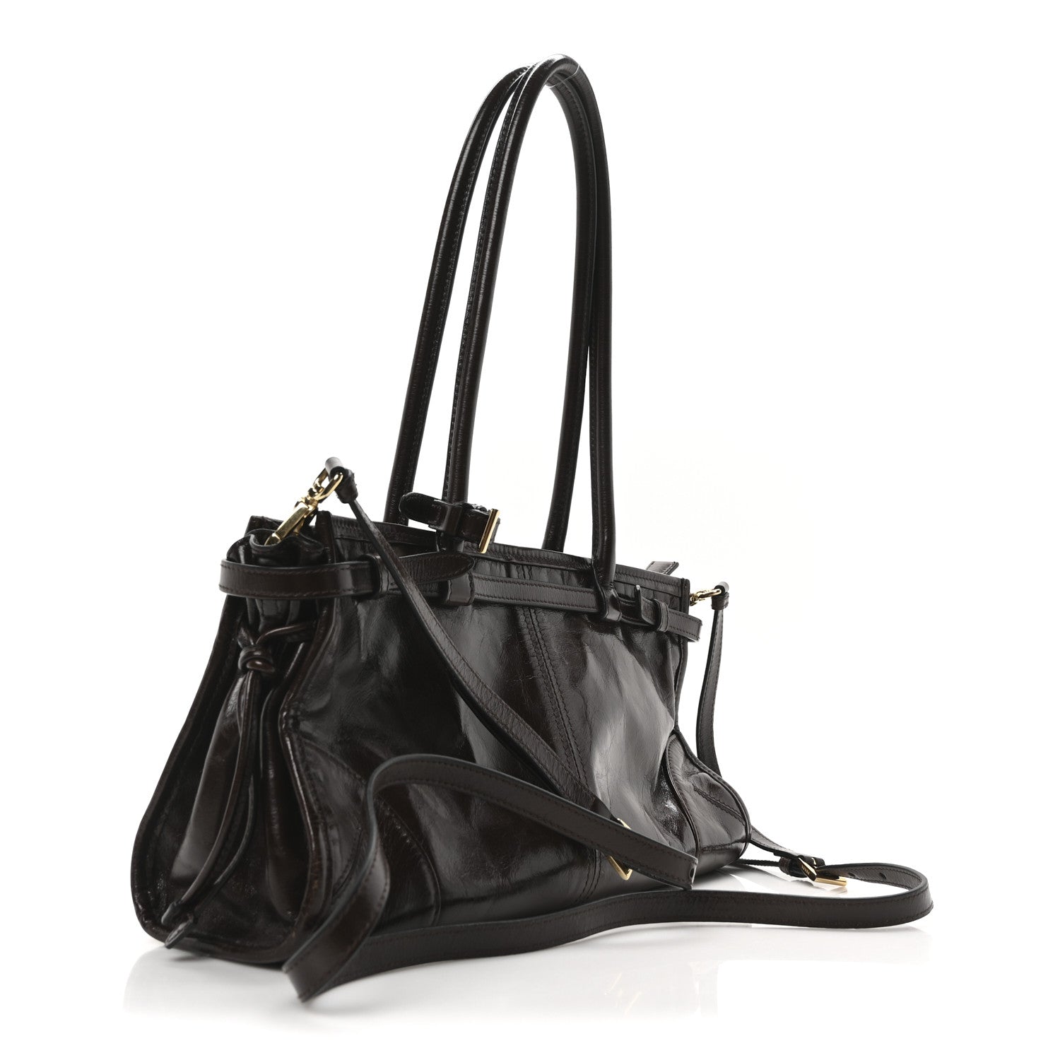 Glossy Calfskin Triangle Medium Bonnie Shoulder Bag Dark Brown