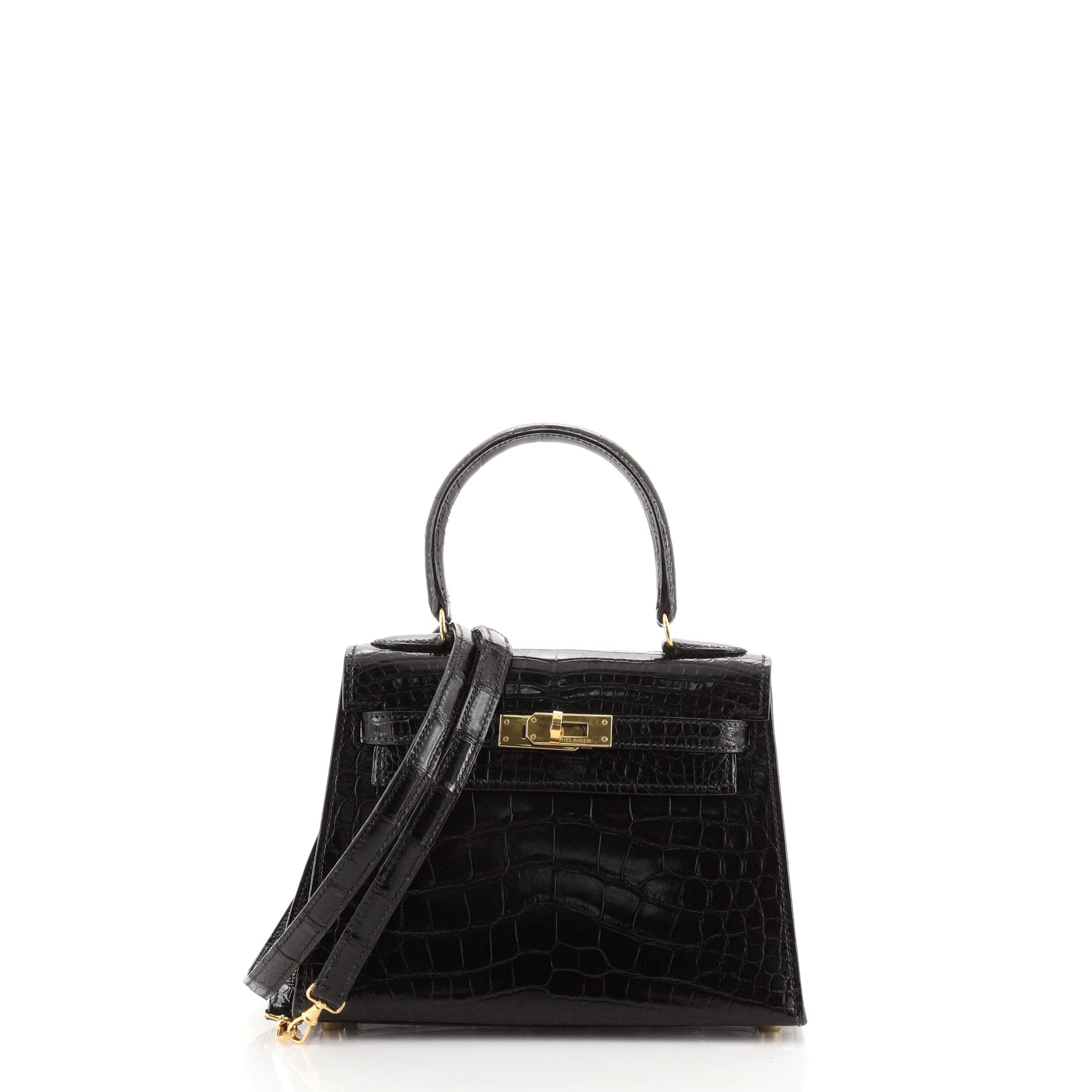 Kelly Mini Handbag Noir Shiny Alligator with Gold Hardware 20