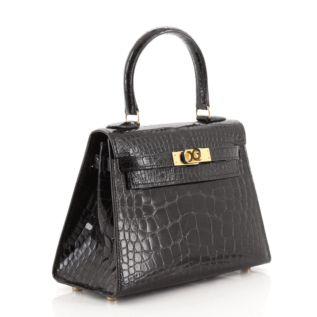 Kelly Mini Handbag Noir Shiny Alligator with Gold Hardware 20