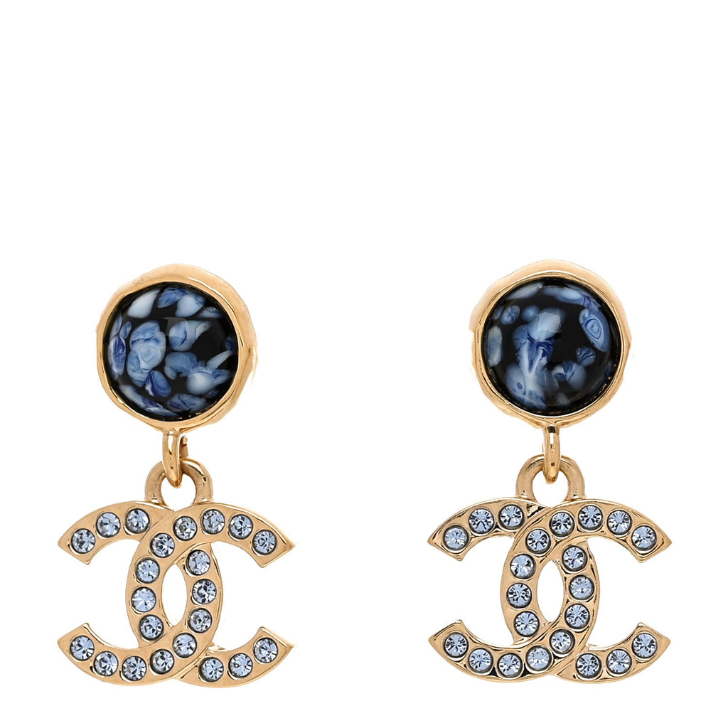 Crystal Stone CC Drop Earrings Blue Gold