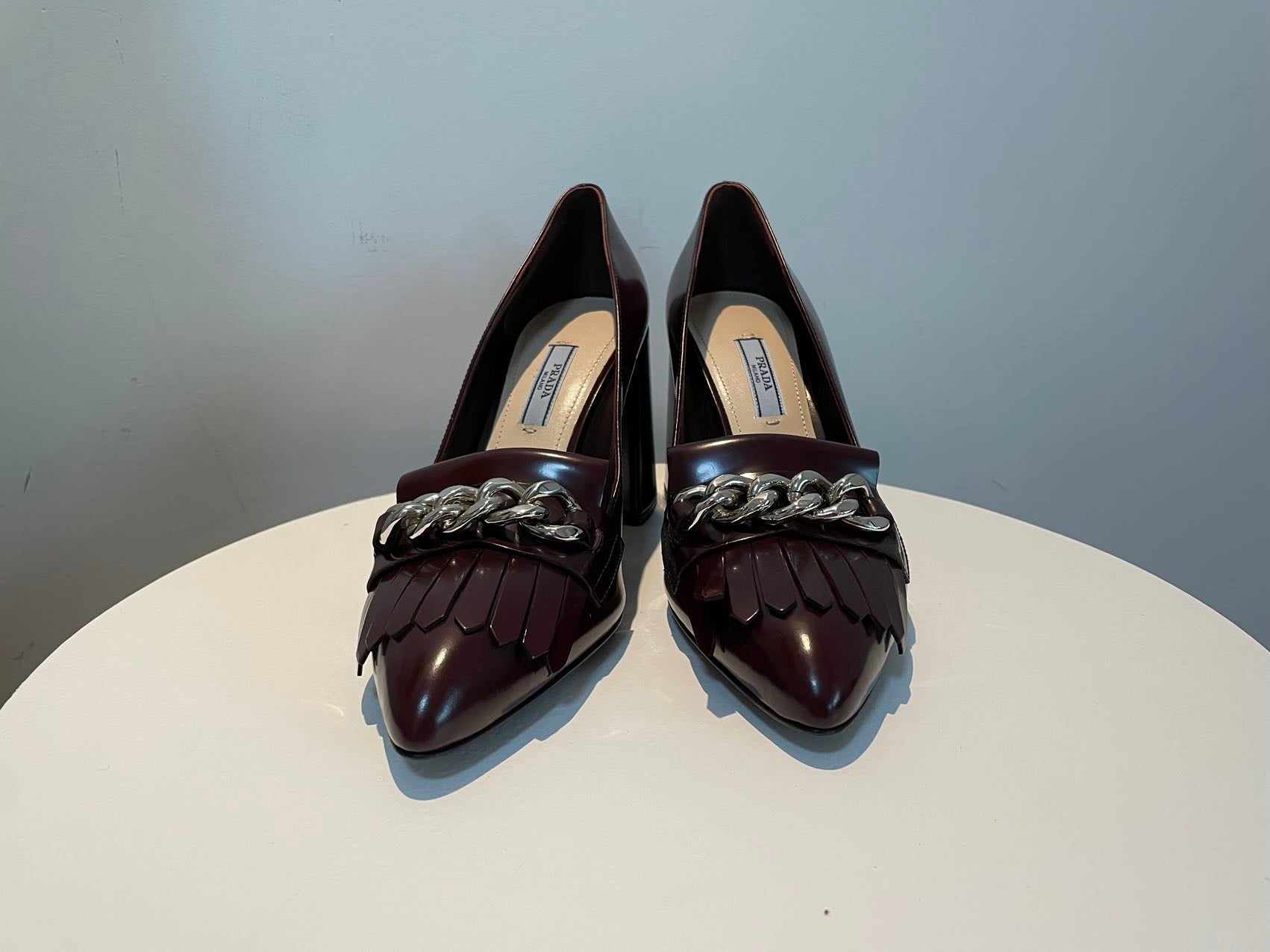 Prada Merlot Kiltie Chain Patent Leather Block-heel Pumps 39