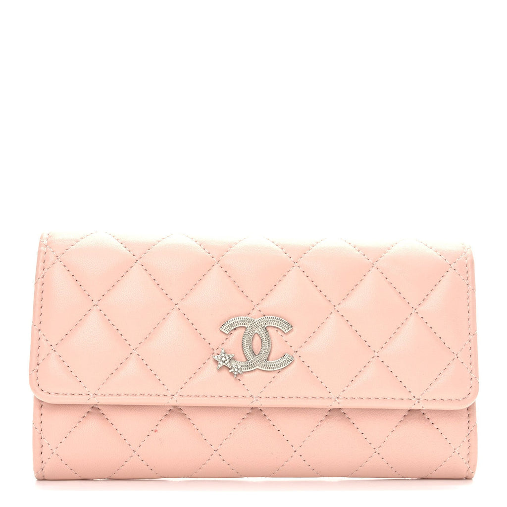 Calfskin Quilted Crystal CC Star Flap Wallet Light Pink
