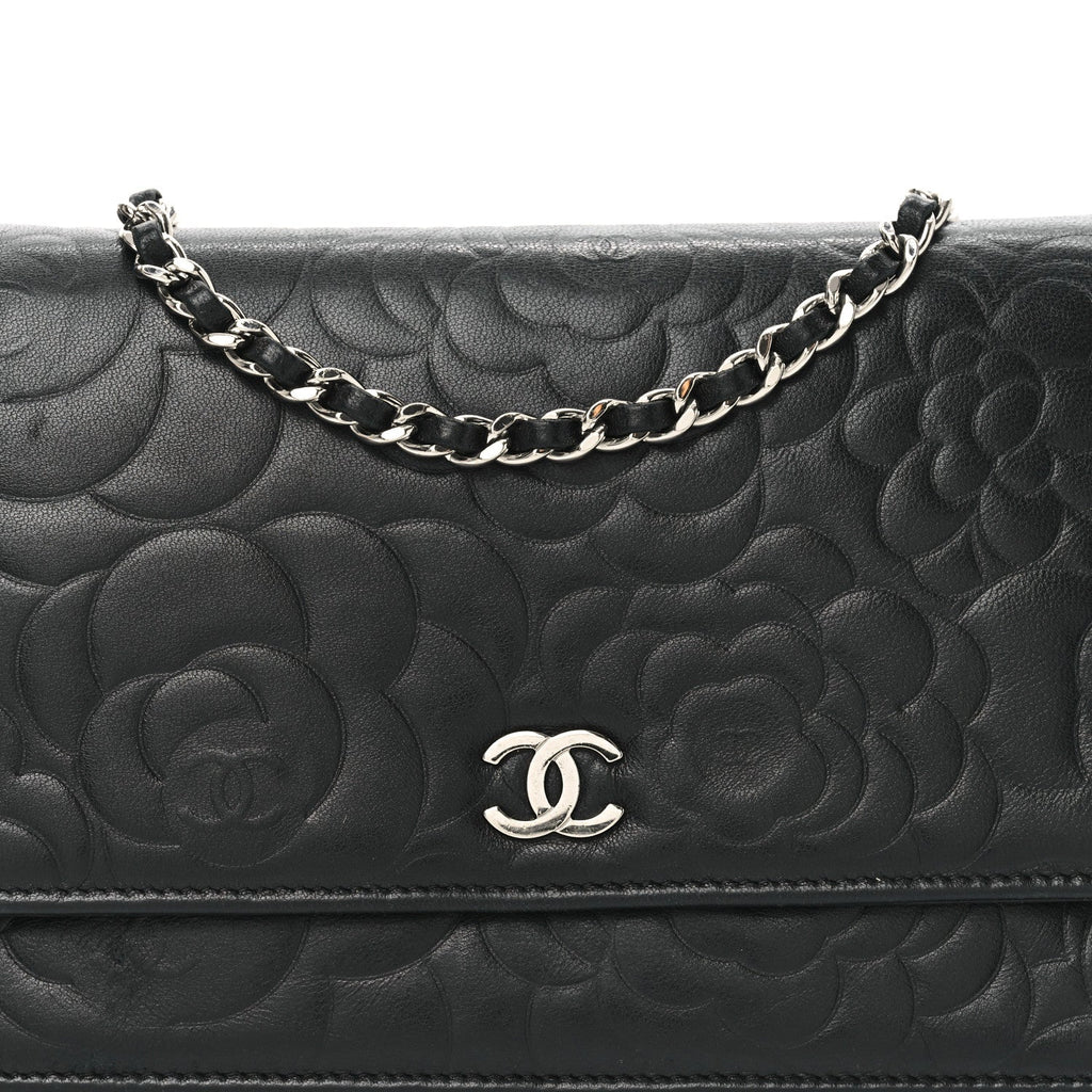 Lambskin Camellia Embossed Wallet on Chain WOC Black