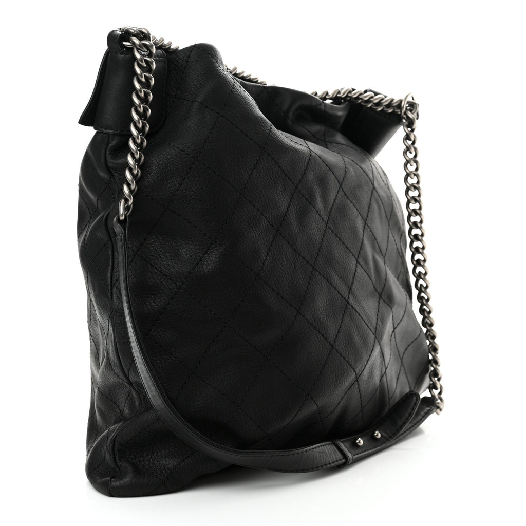 Calfskin Stitched Double Zip Hobo Black