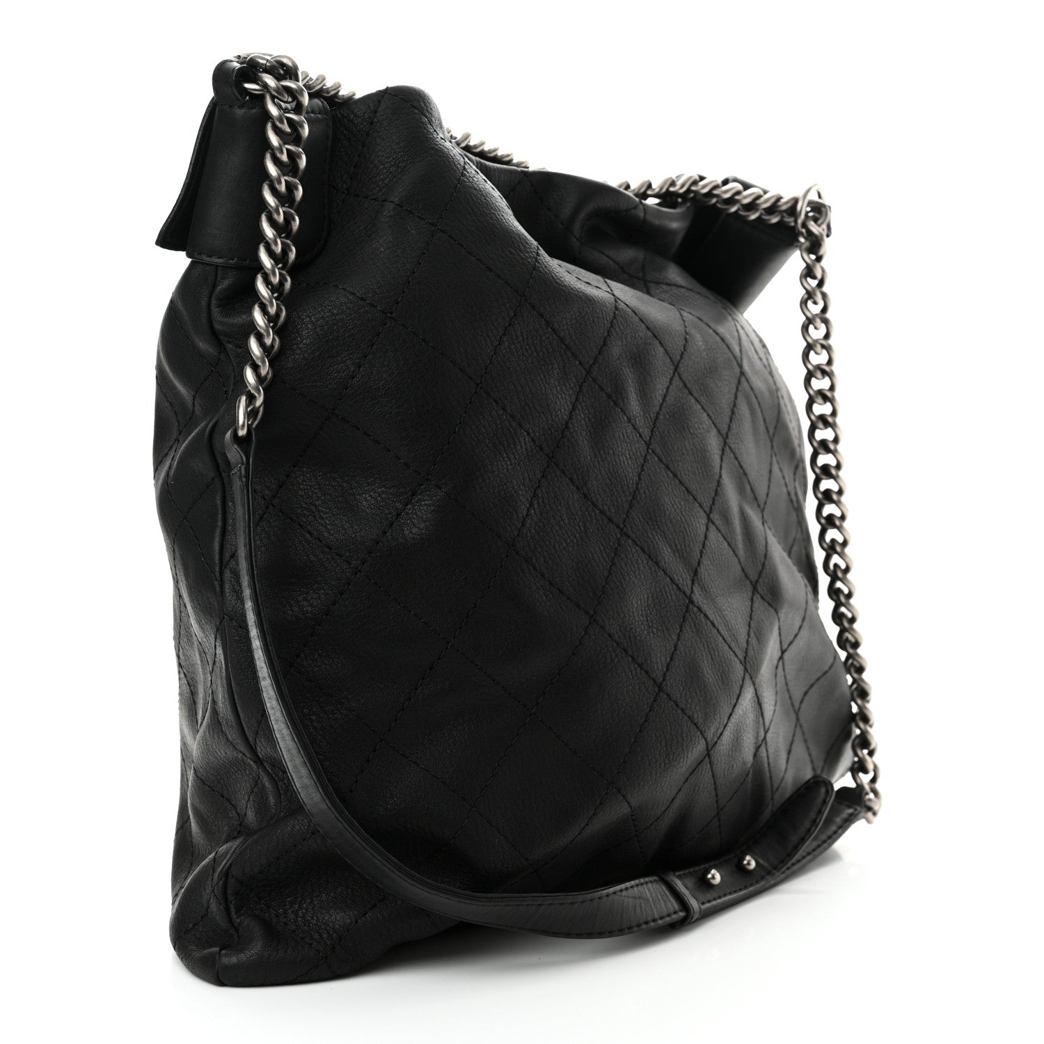 Calfskin Stitched Double Zip Hobo Black