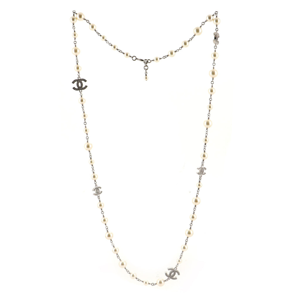 CC Long Necklace Faux Pearls and Crystal Embellished Metal