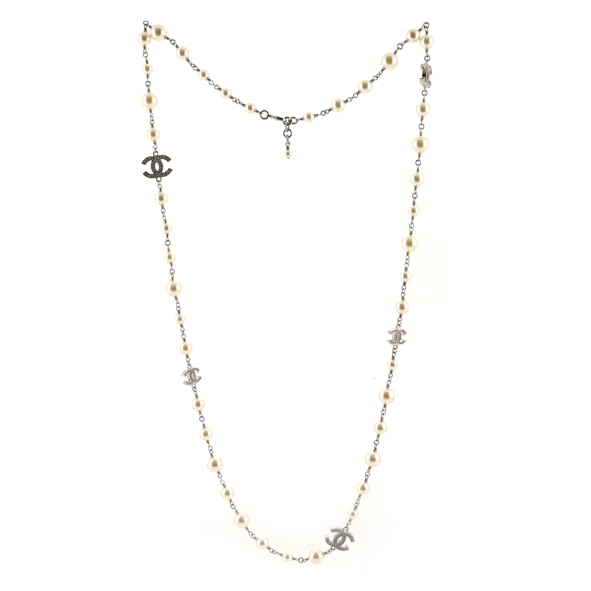CC Long Necklace Faux Pearls and Crystal Embellished Metal