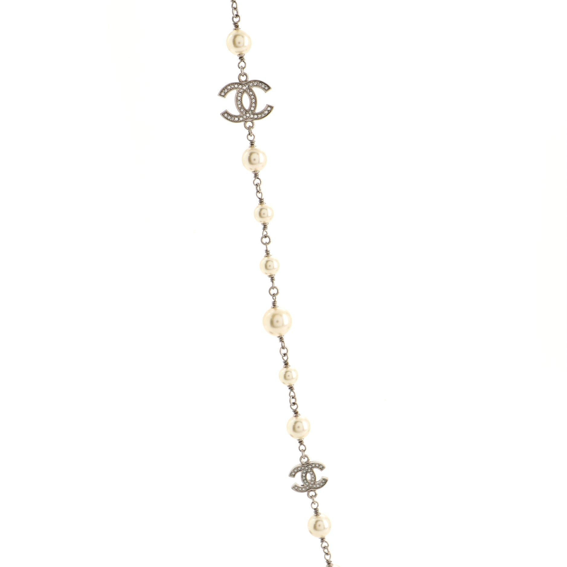 CC Long Necklace Faux Pearls and Crystal Embellished Metal