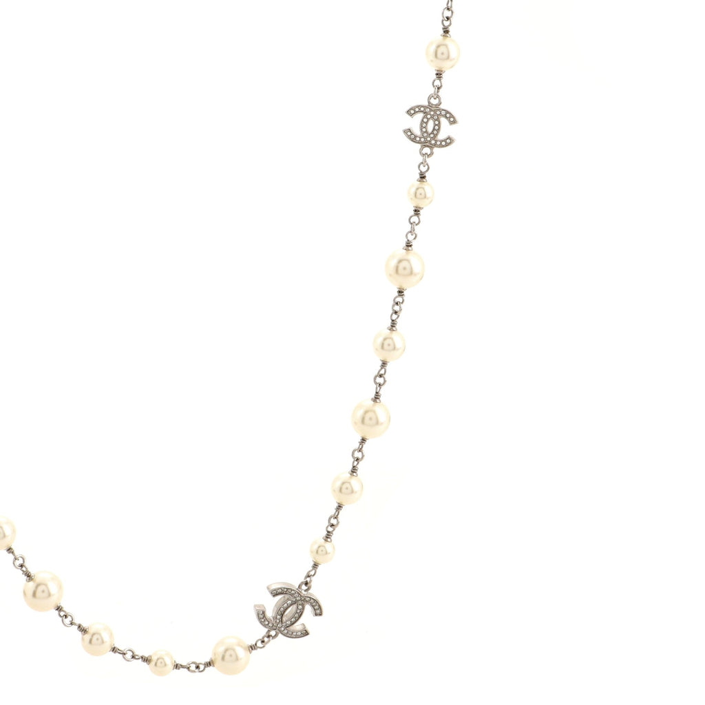 CC Long Necklace Faux Pearls and Crystal Embellished Metal