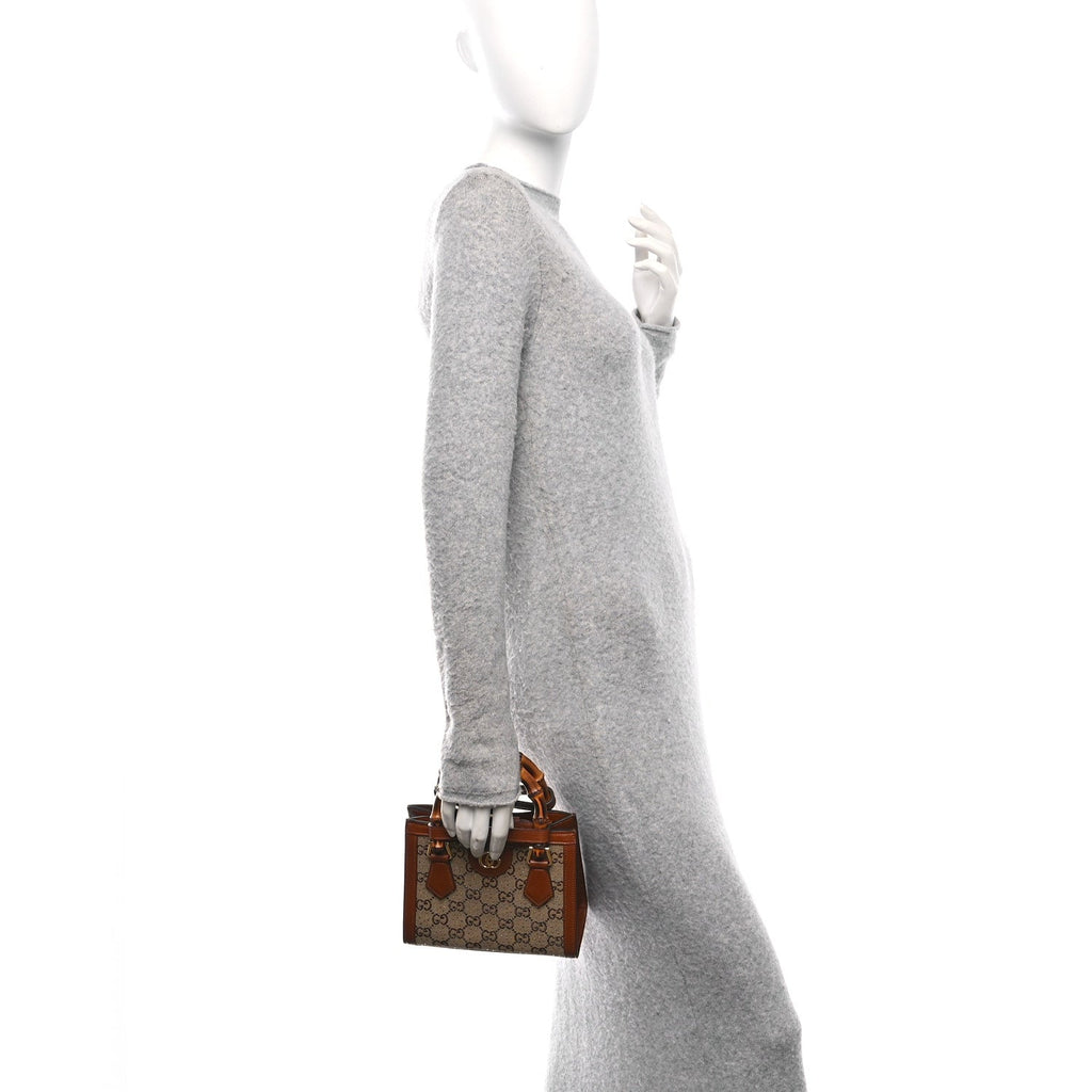 New Canvas Charisma Calfskin Crystal GG Monogram Mini Diana Tote Bag Camel Ebony
