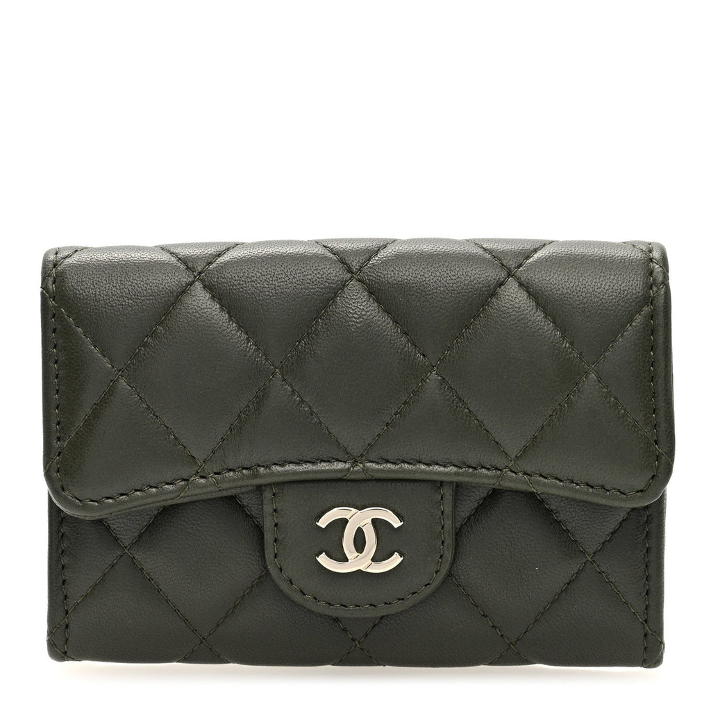 Lambskin Quilted Flap  Holder Wallet Khaki