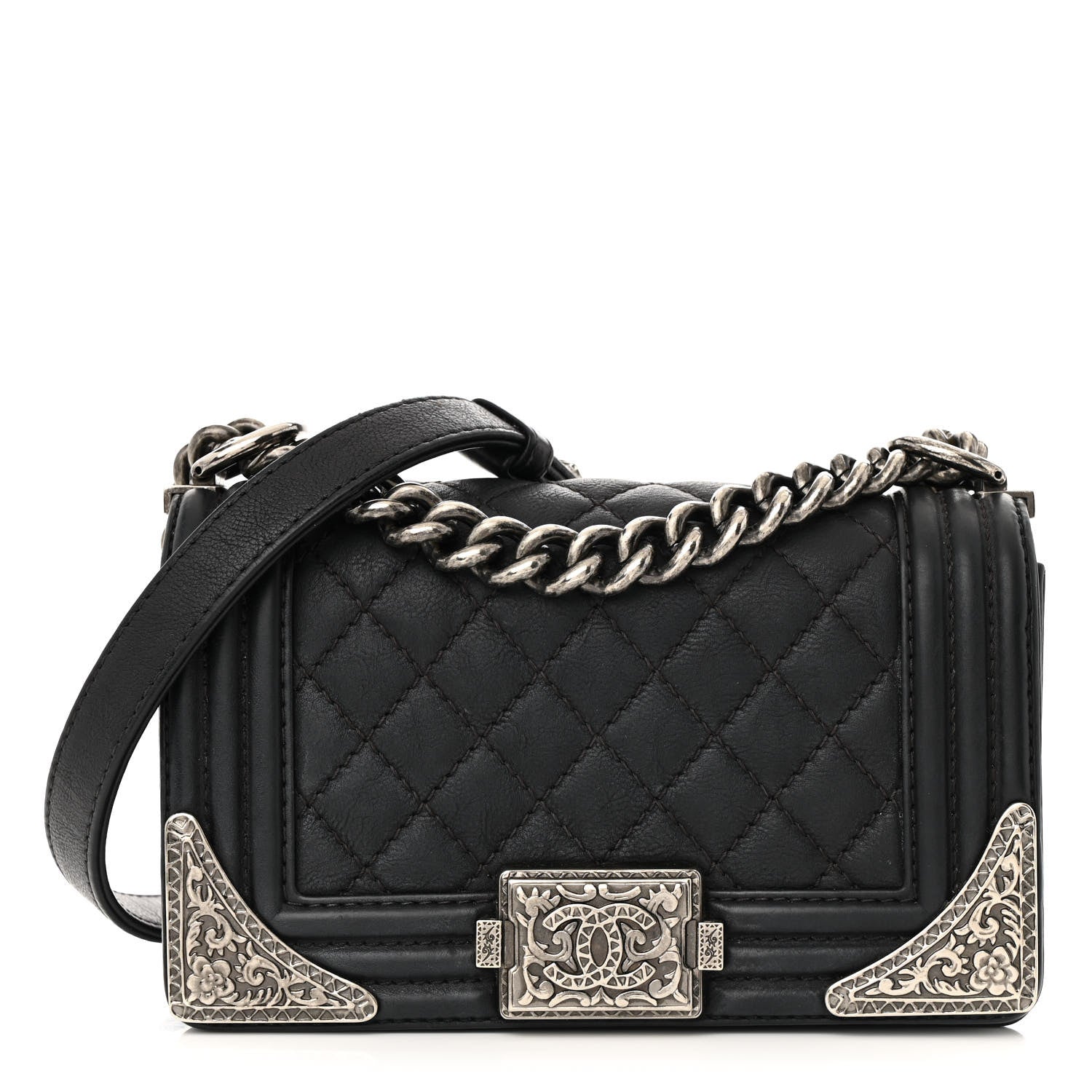Calfskin Quilted Embellished Metal Small Boy Flap Black