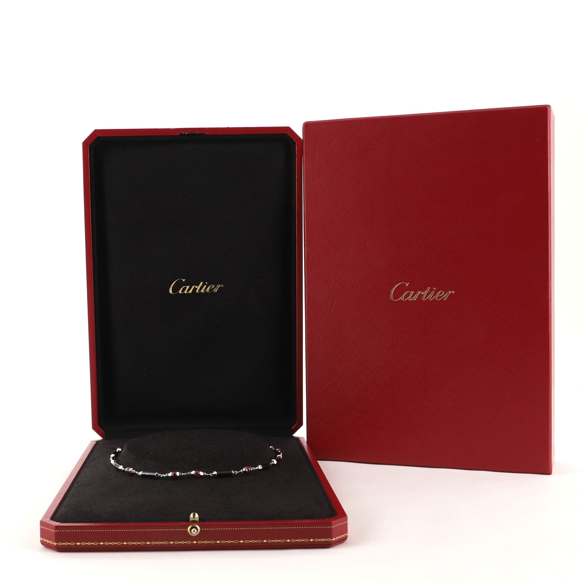 Le Baiser du Dragon Necklace 18K White Gold with Black Onyx and Ruby Beads