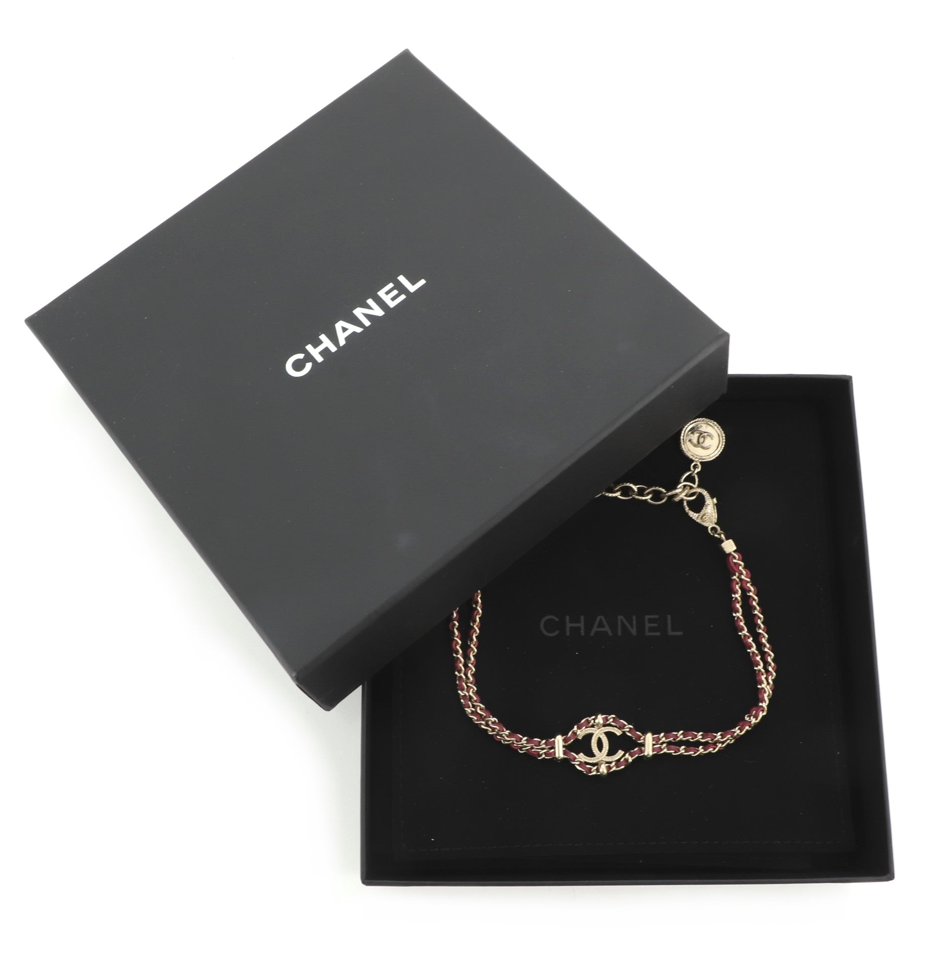 CC Double Chain Choker Necklace Metal and Leather