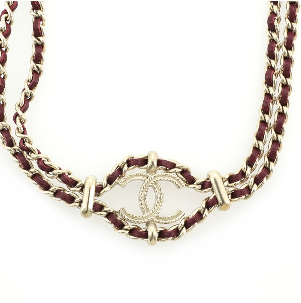 CC Double Chain Choker Necklace Metal and Leather