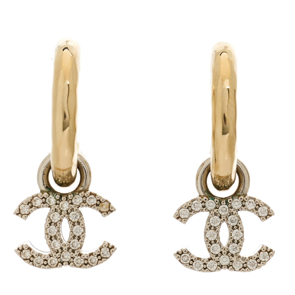 Metal Crystal Studded CC Hoop Drop Earrings Gold