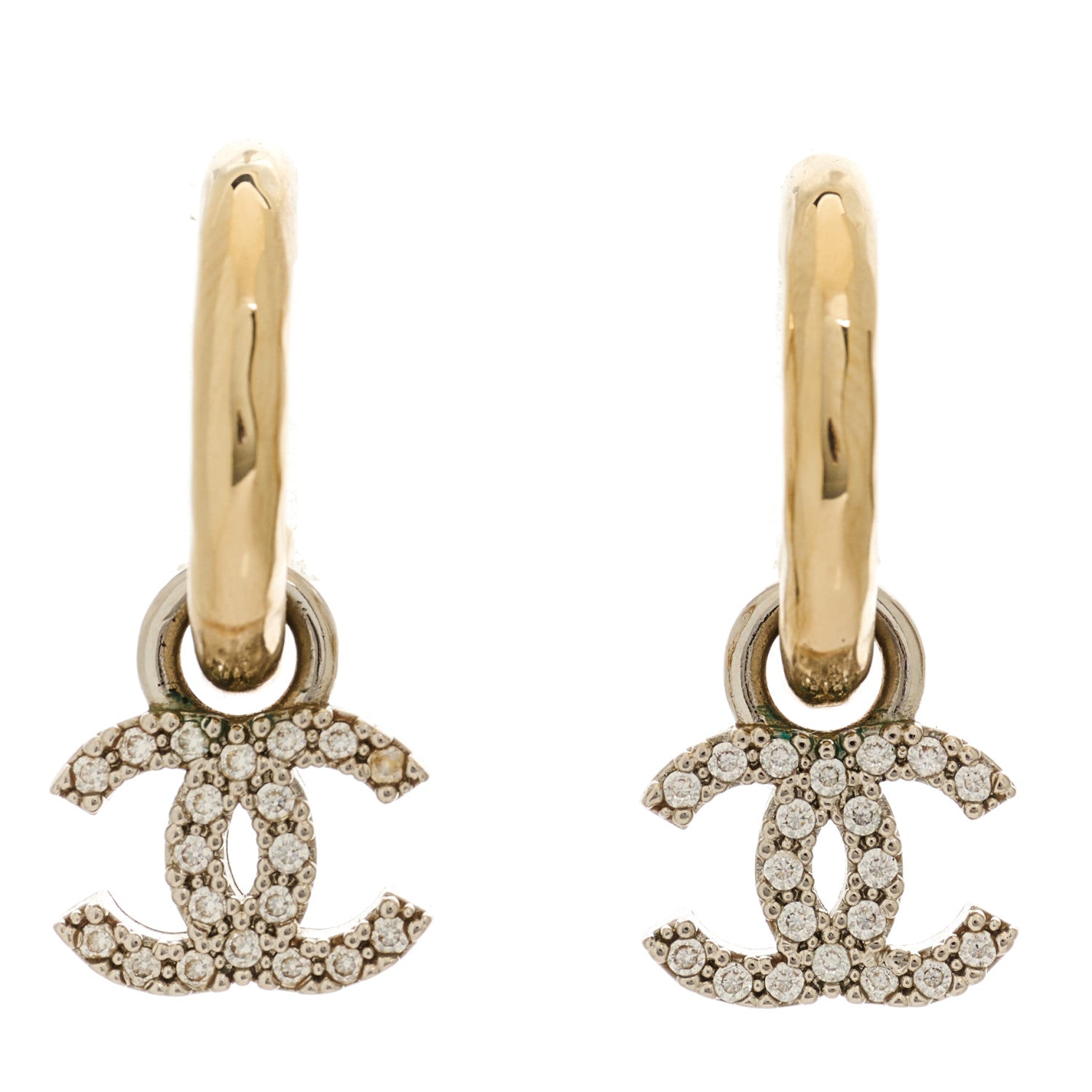 Metal Crystal Studded CC Hoop Drop Earrings Gold