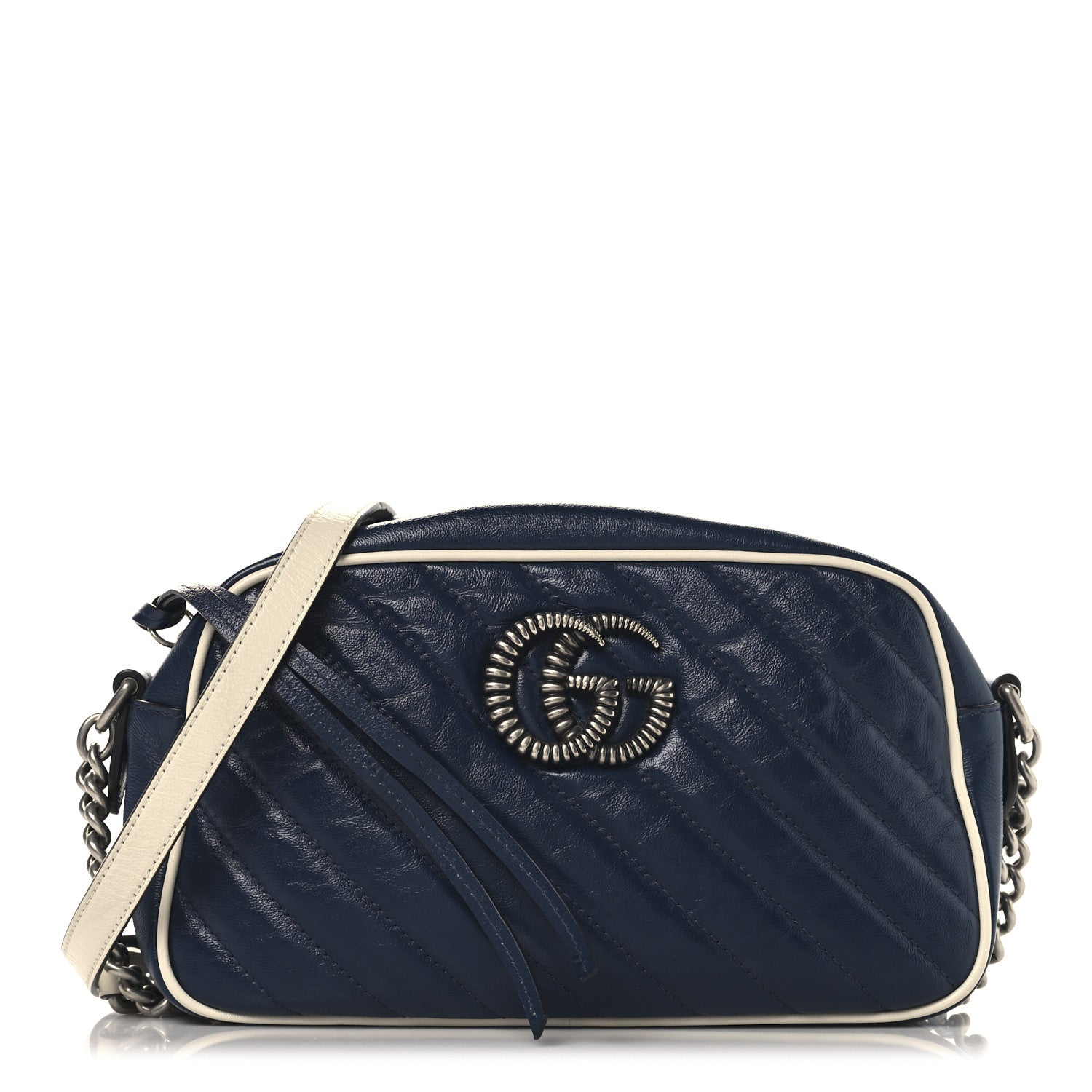 Vintage Effect Calfskin Matelasse Diagonal Small Torchon GG Marmont Chain Shoulder Bag Blue Agata Mystic White