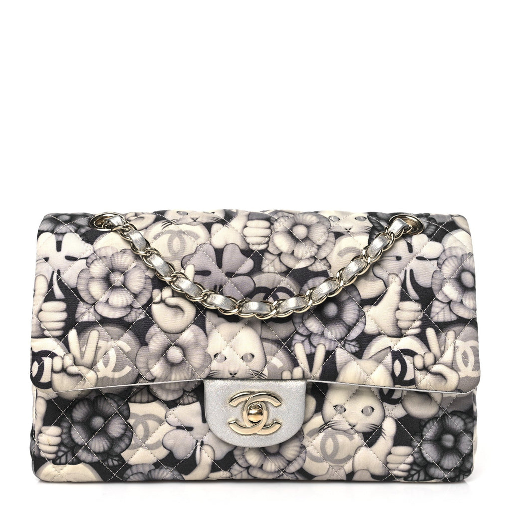 Nylon Quilted Medium Cat Emoticon Double Flap Navy Grey Ecru