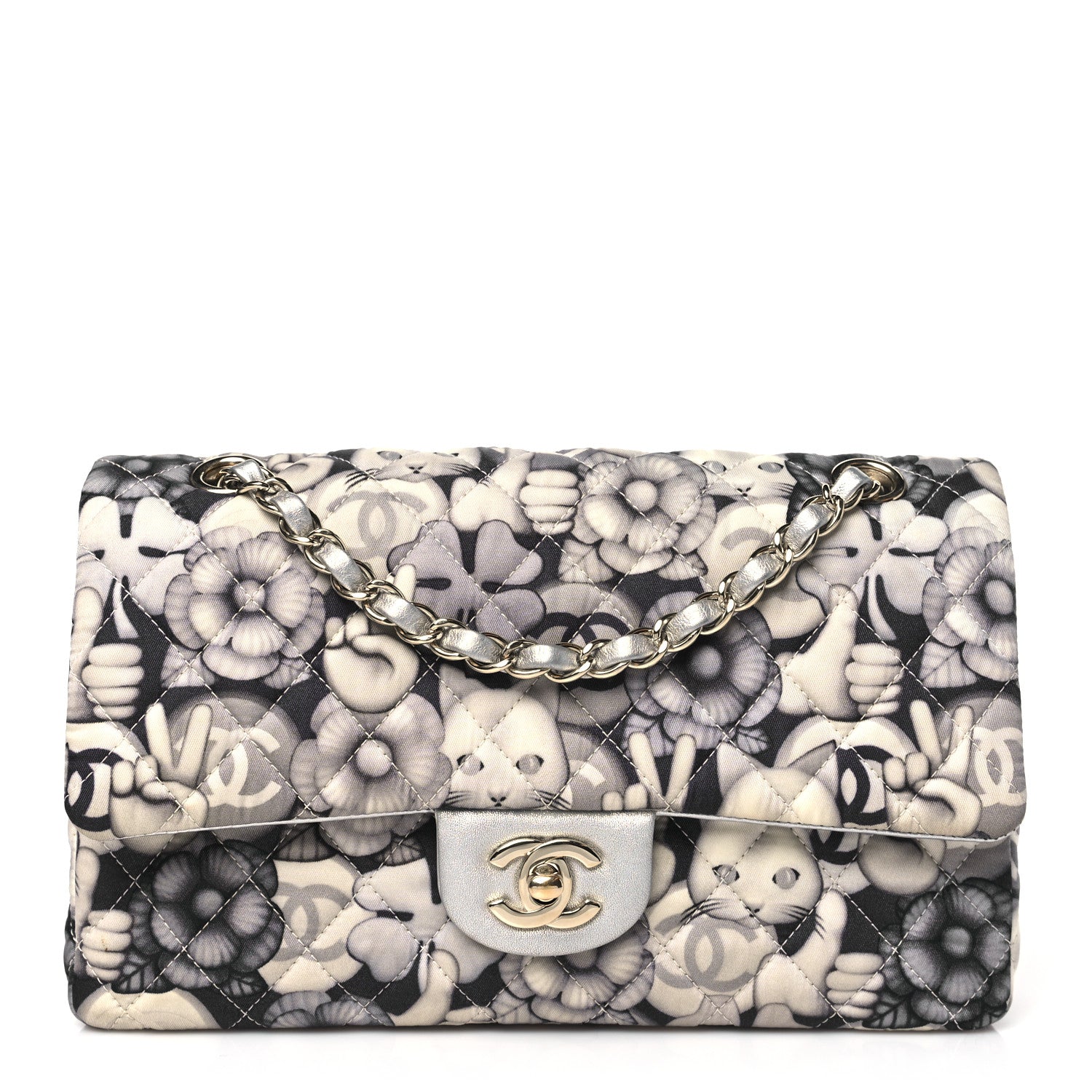 Nylon Quilted Medium Cat Emoticon Double Flap Navy Grey Ecru