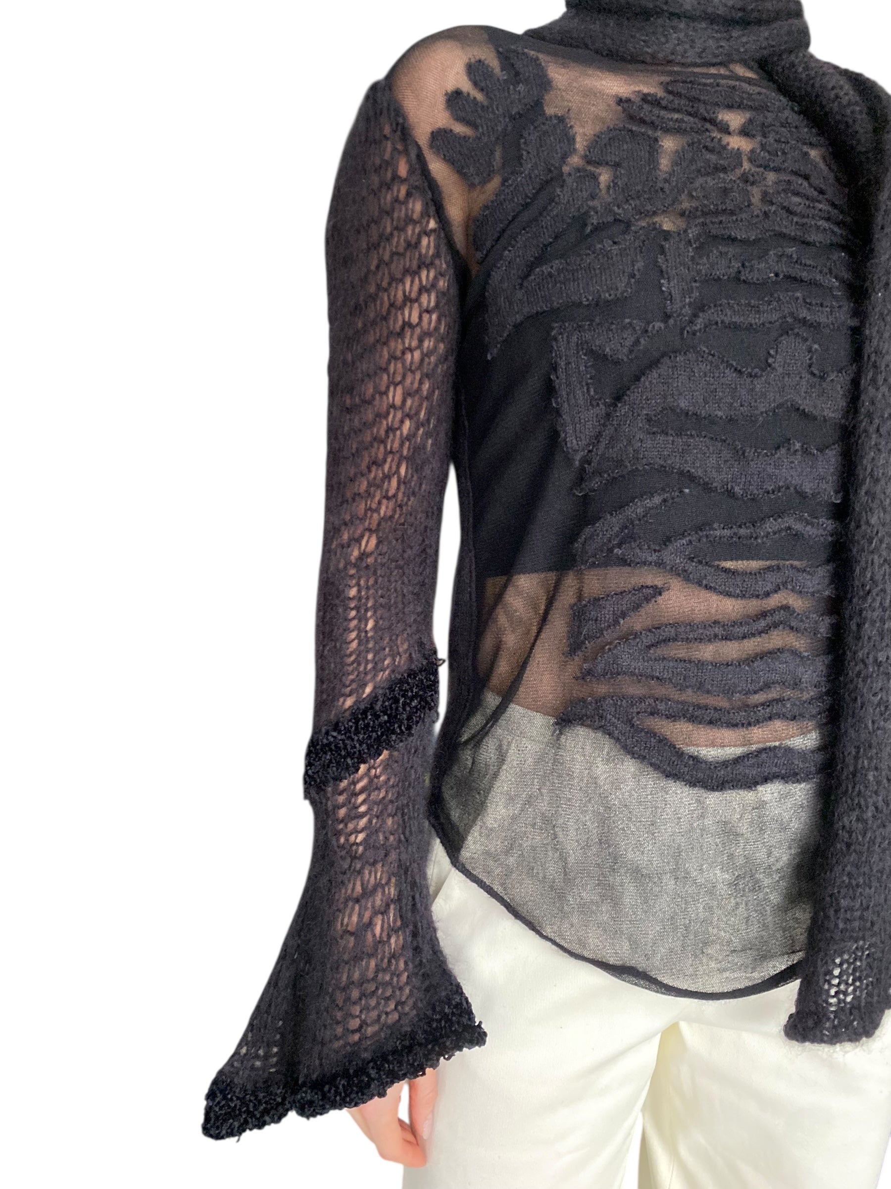 Jean Paul Gaultier Black Fine Knit Embroidered Turtleneck Sweater - XS / S