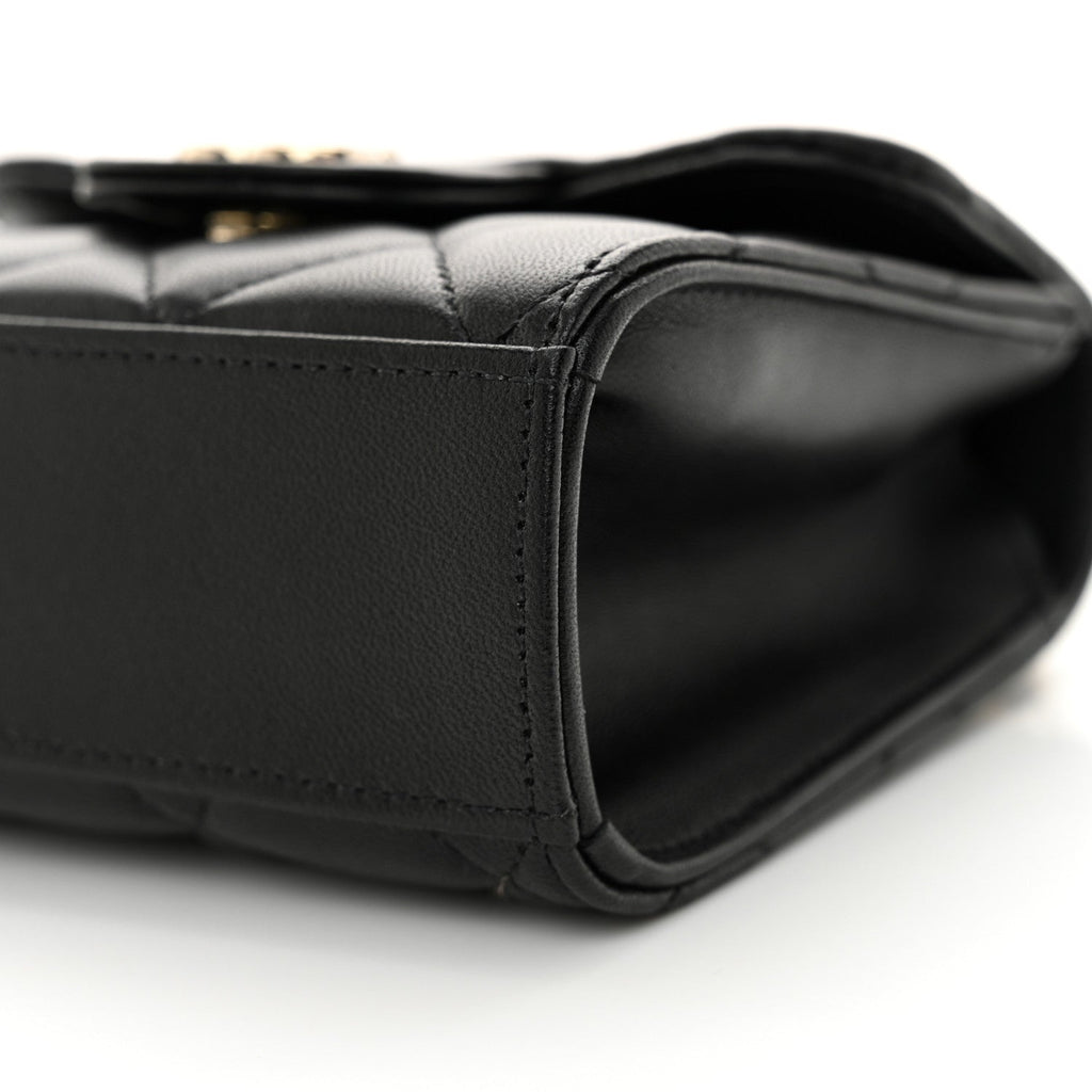 Lambskin Quilted Top Handle Flap Clutch With Chain  Black