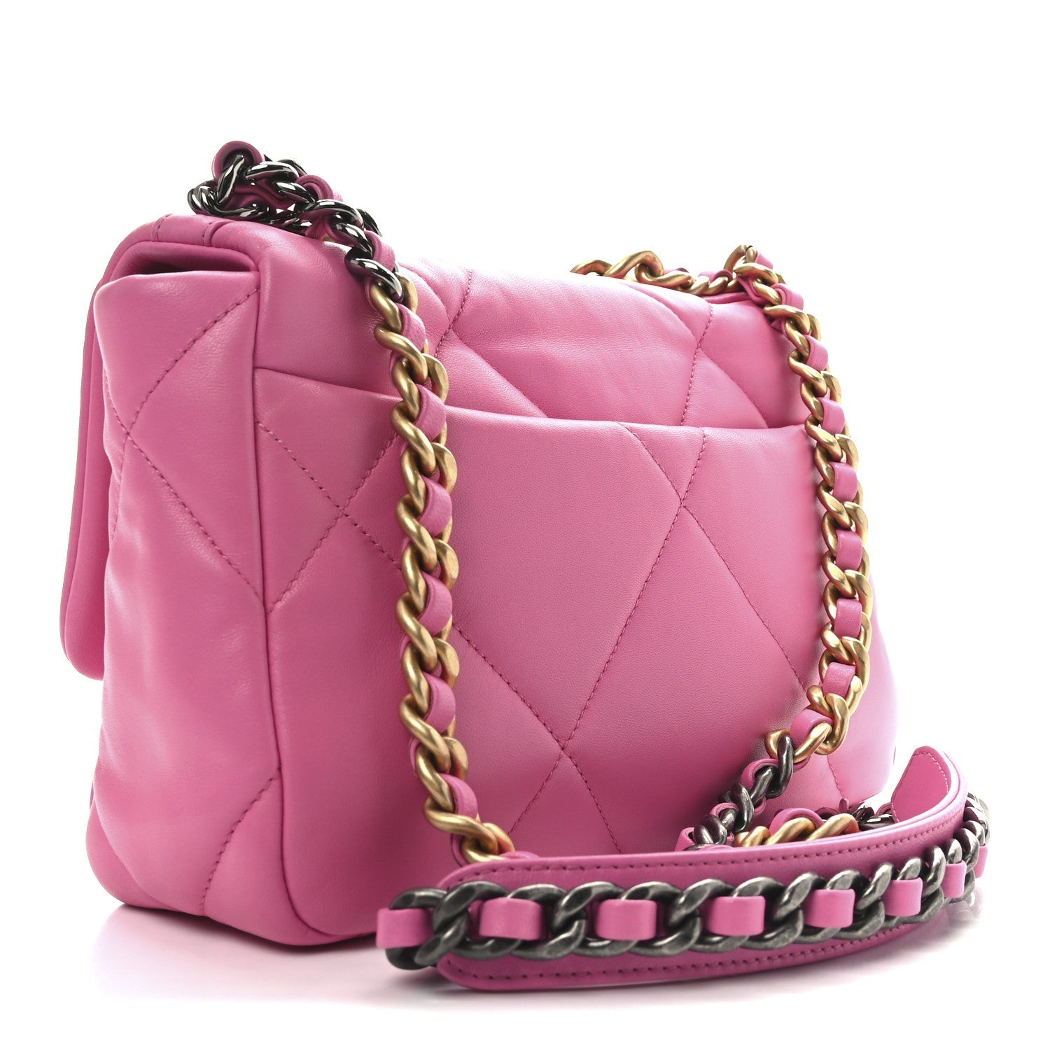 Shiny Lambskin Quilted Medium Chanel 19 Flap Neon Pink