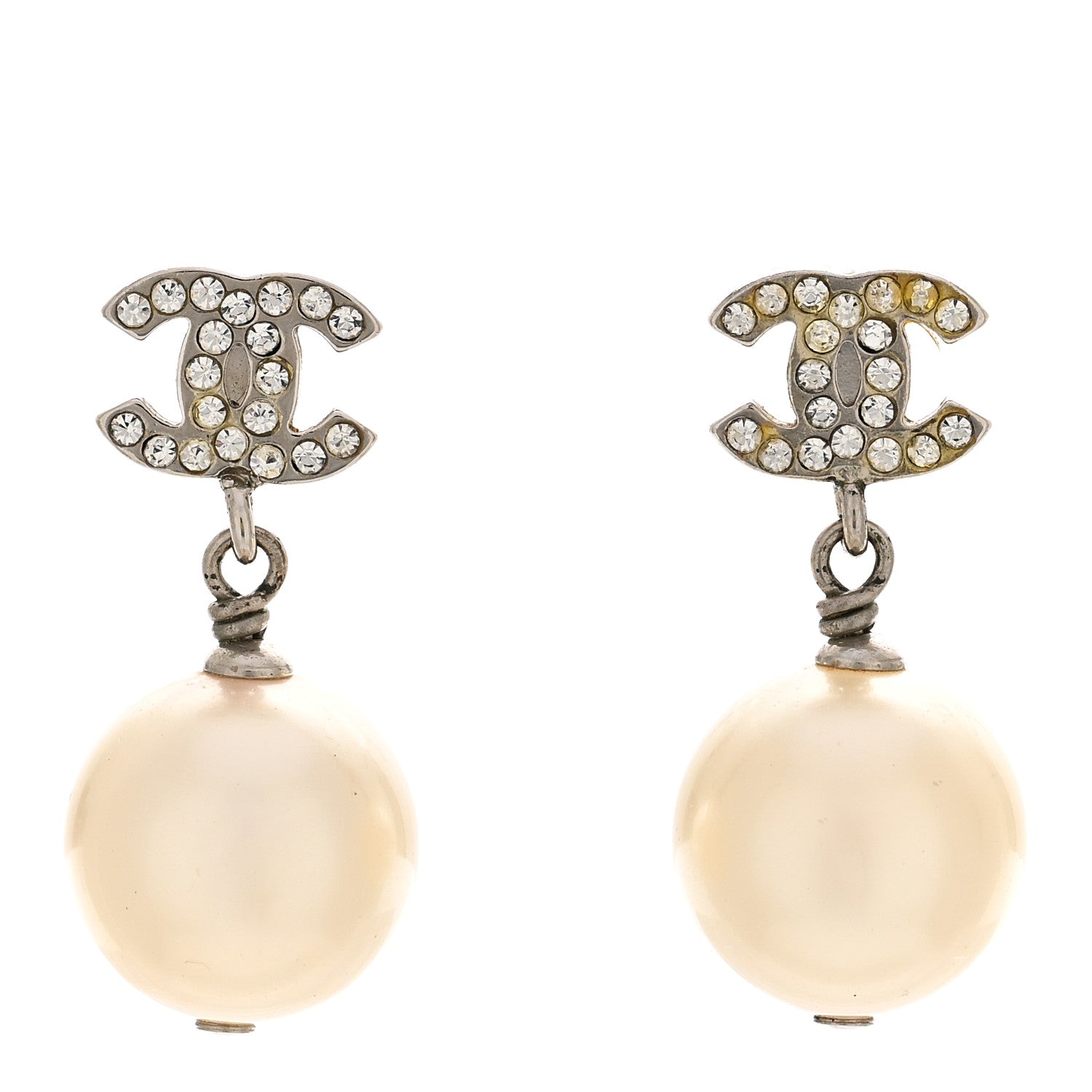 Crystal Pearl CC Drop Earrings Silver Pearly White