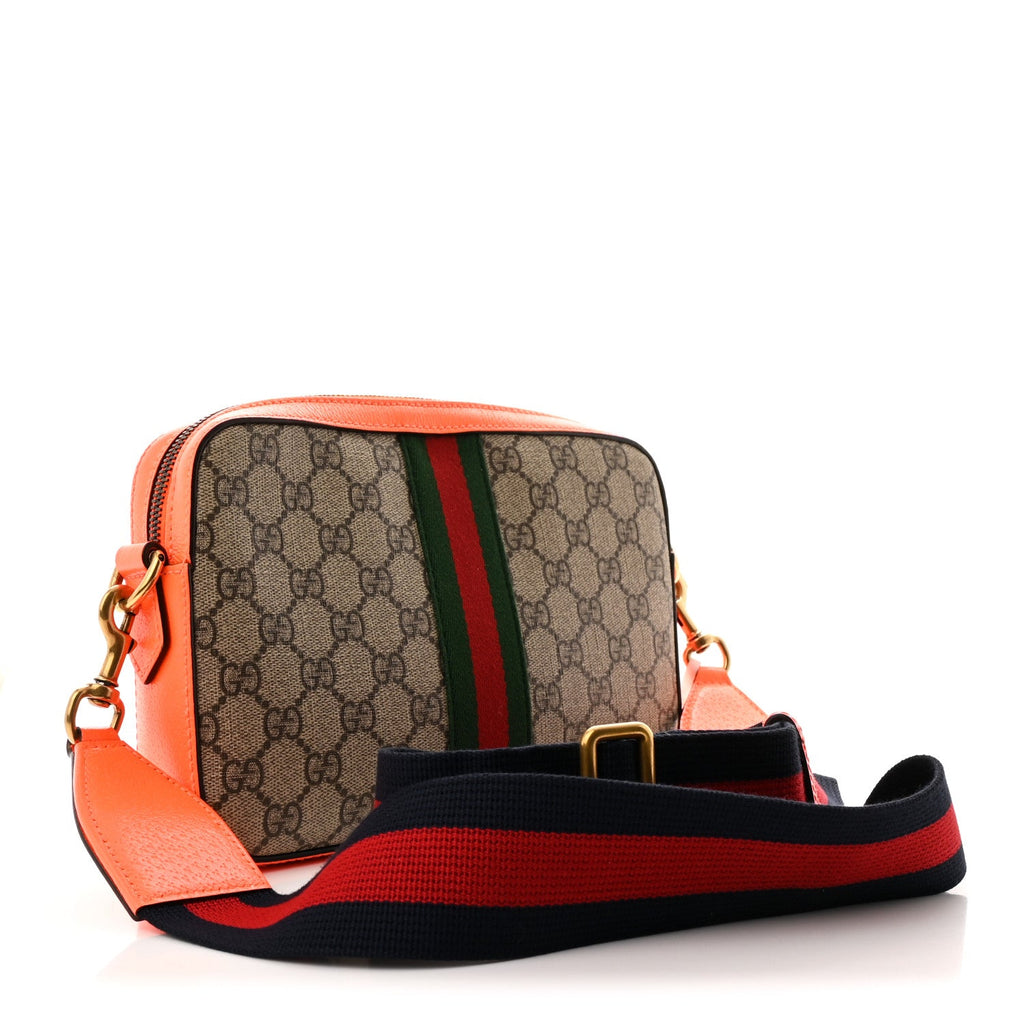 GG Supreme Monogram Textured Dollar Calfskin Web Ophidia Wristlet Shoulder Bag Beige Ebony Orange