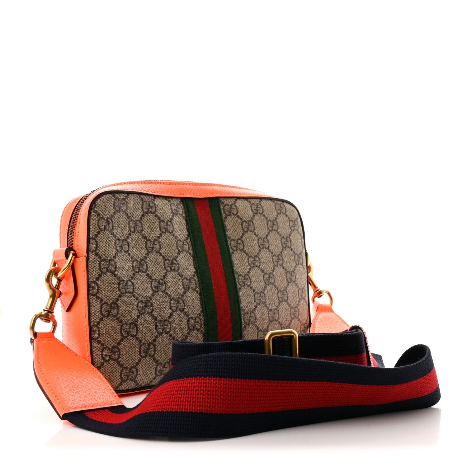 GG Supreme Monogram Textured Dollar Calfskin Web Ophidia Wristlet Shoulder Bag Beige Ebony Orange