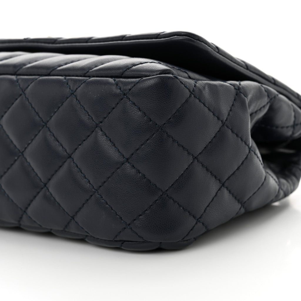 Lambskin Chevron Quilted Single Flap Navy Blue