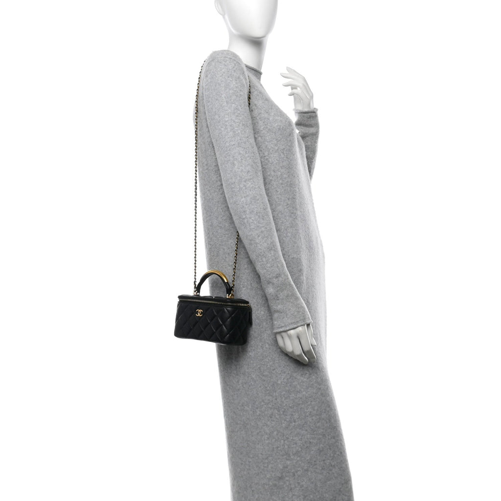Lambskin Quilted Metal Small Top Handle Vanity Case With Chain Black
