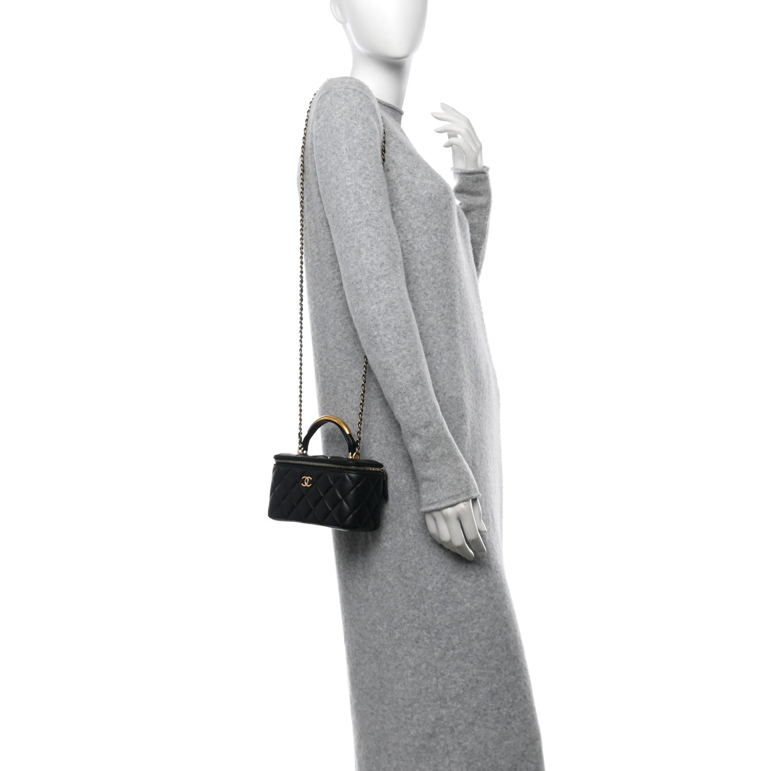 Lambskin Quilted Metal Small Top Handle Vanity Case With Chain Black