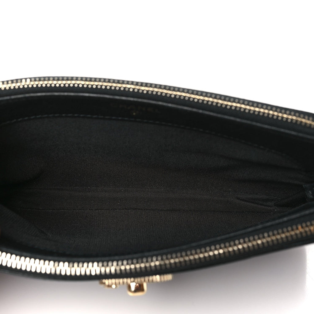 Metallic Sheepskin Chevron Quilted Small Vintage Mademoiselle Clutch With Chain Black