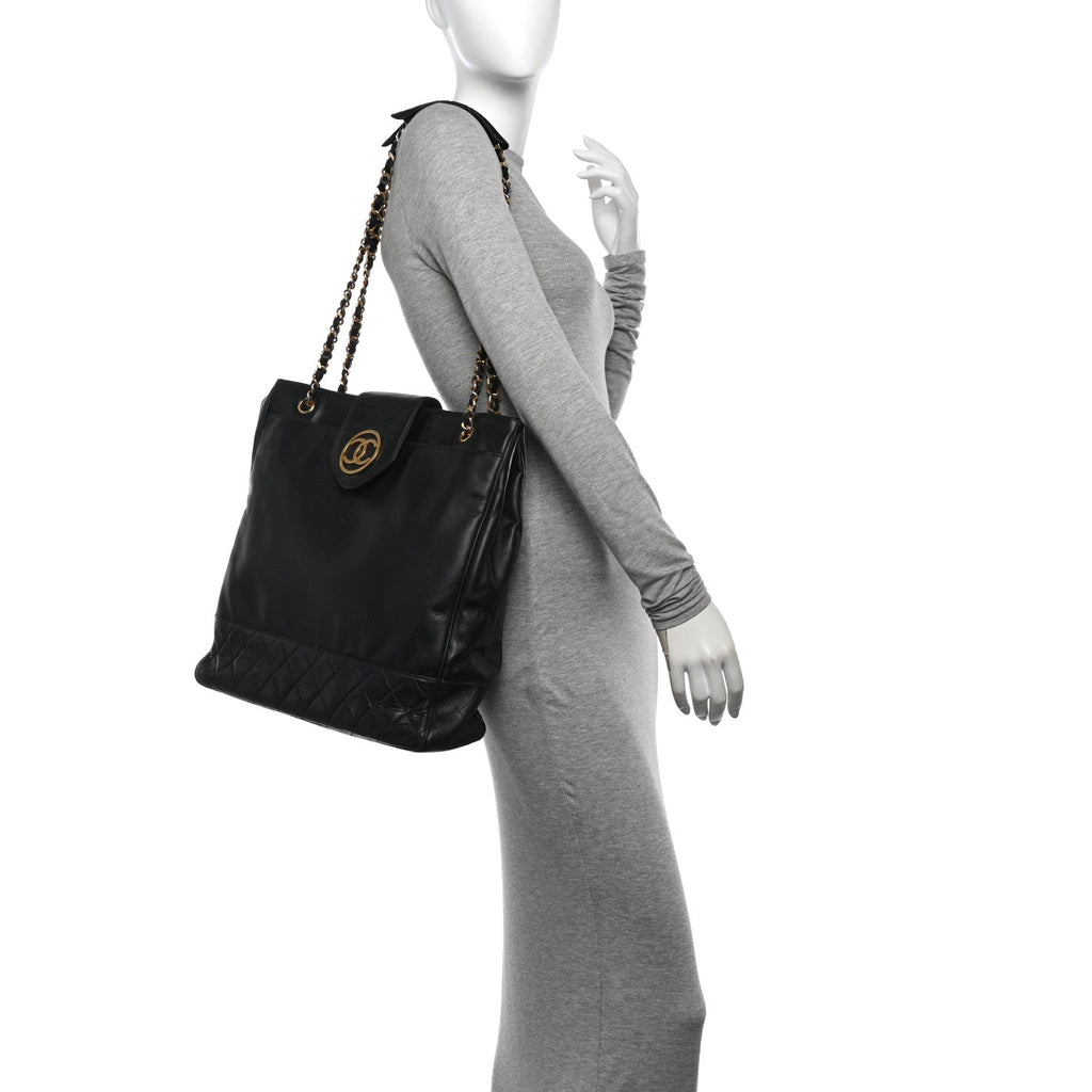 Lambskin Quilted Shopping Tote Black