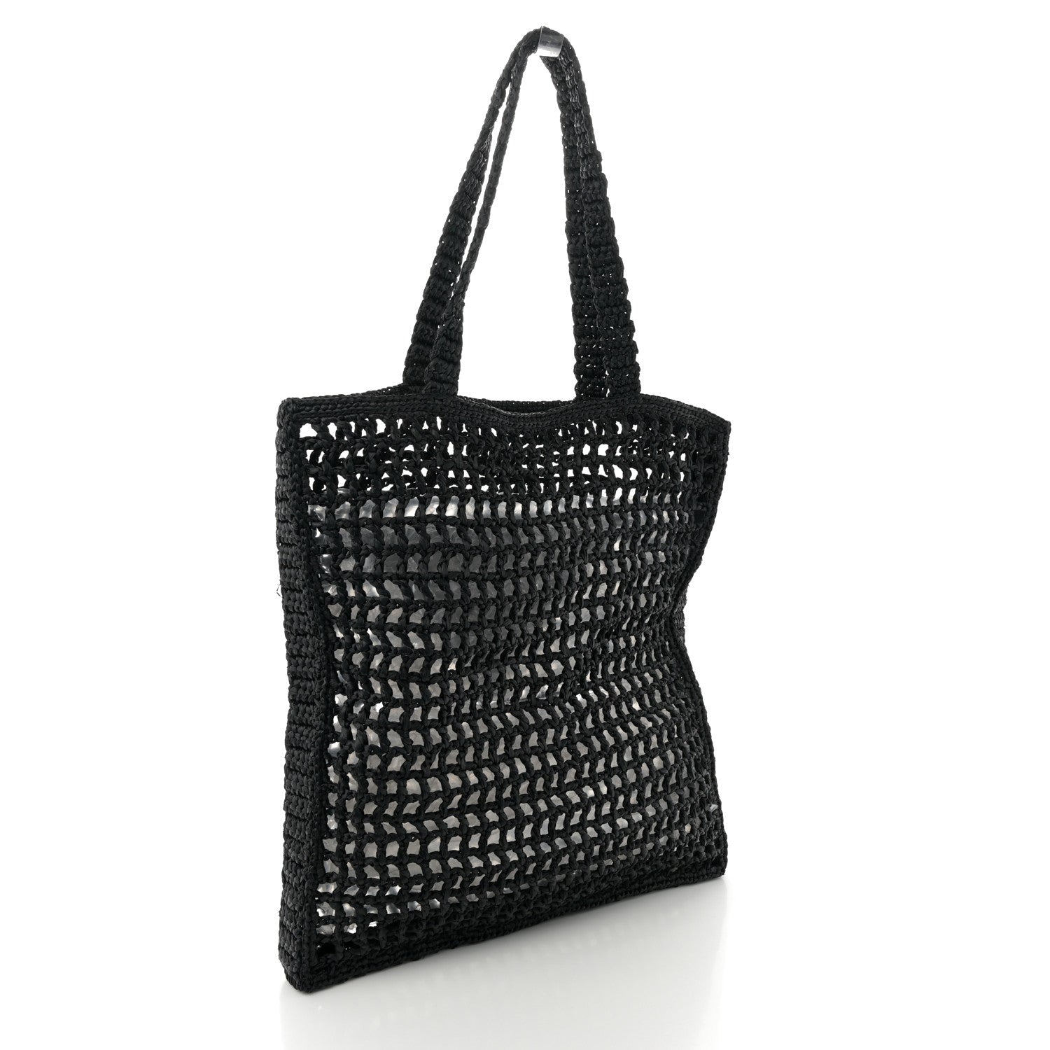 Yarn Raffia Effect Crochet Logo Embroidered Tote Bag Black