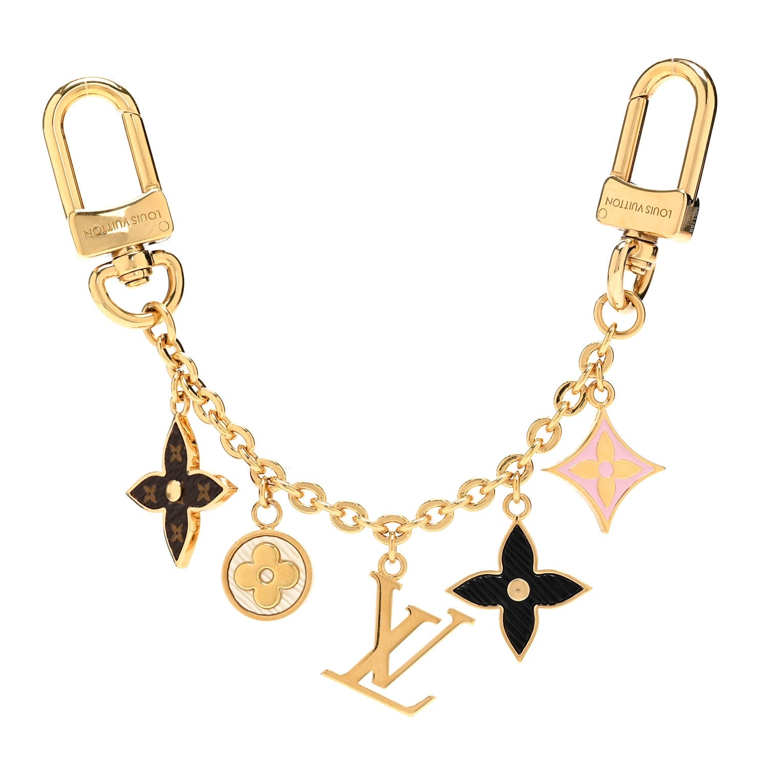 Brass Enamel Fleur De Monogram Bag Charm Chain Gold